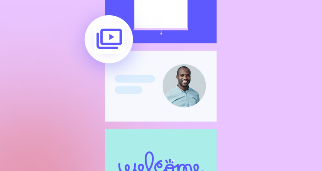 Graphic layout featuring a smiling man's portrait with a play button icon, text placeholders, and a handwritten "we love femme" script on a pastel background.