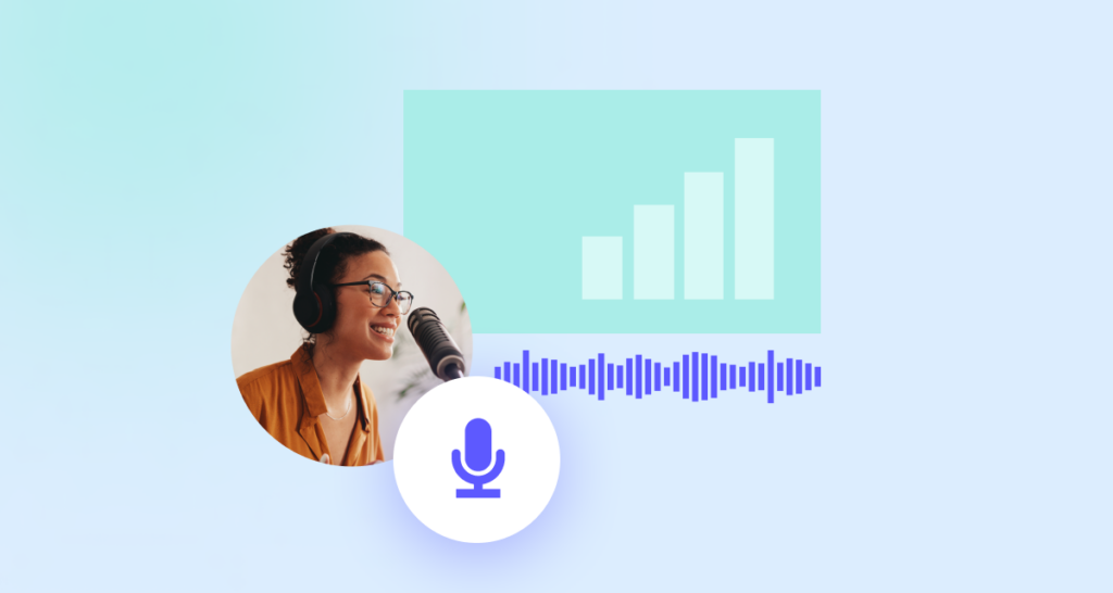 A woman with headphones speaking into a microphone with podcasting graphics including a sound wave and a mute icon on a light blue background.