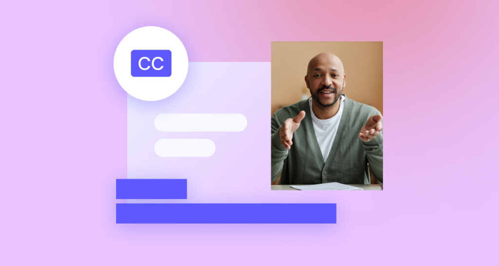 A man in a gray sweater gestures during a video call, displayed next to a graphic of a chat interface with a "CC" icon.