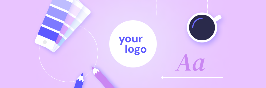 Branding tips and tricks Graphic design concept featuring a pencil, color swatches, a smartphone, and a coffee cup, with a placeholder for a logo and text samples on a lavender background.
