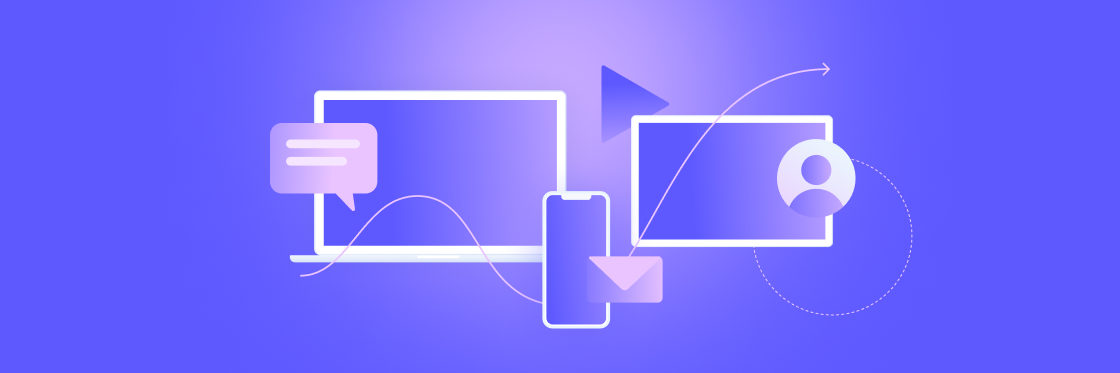 Graphic depicting data transfer between devices, featuring a computer, smartphone, and tablet connected by arrows and lines on a purple background.