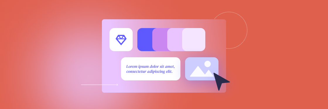 Brand Assets What they are and why they’re important Graphic of a user interface on a coral background, featuring icons, a text box with placeholder text, and a cursor pointing at a button.