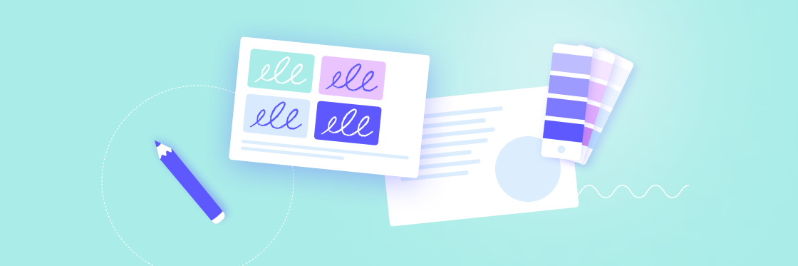 Illustration of graphic design tools, featuring a computer screen displaying color swatches, a mouse, color palette, and pencil on a pastel background.