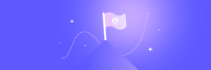 A minimalist graphic of a stylized mountain with a flag on the peak against a gradient blue background, accompanied by stars and a swooping line.