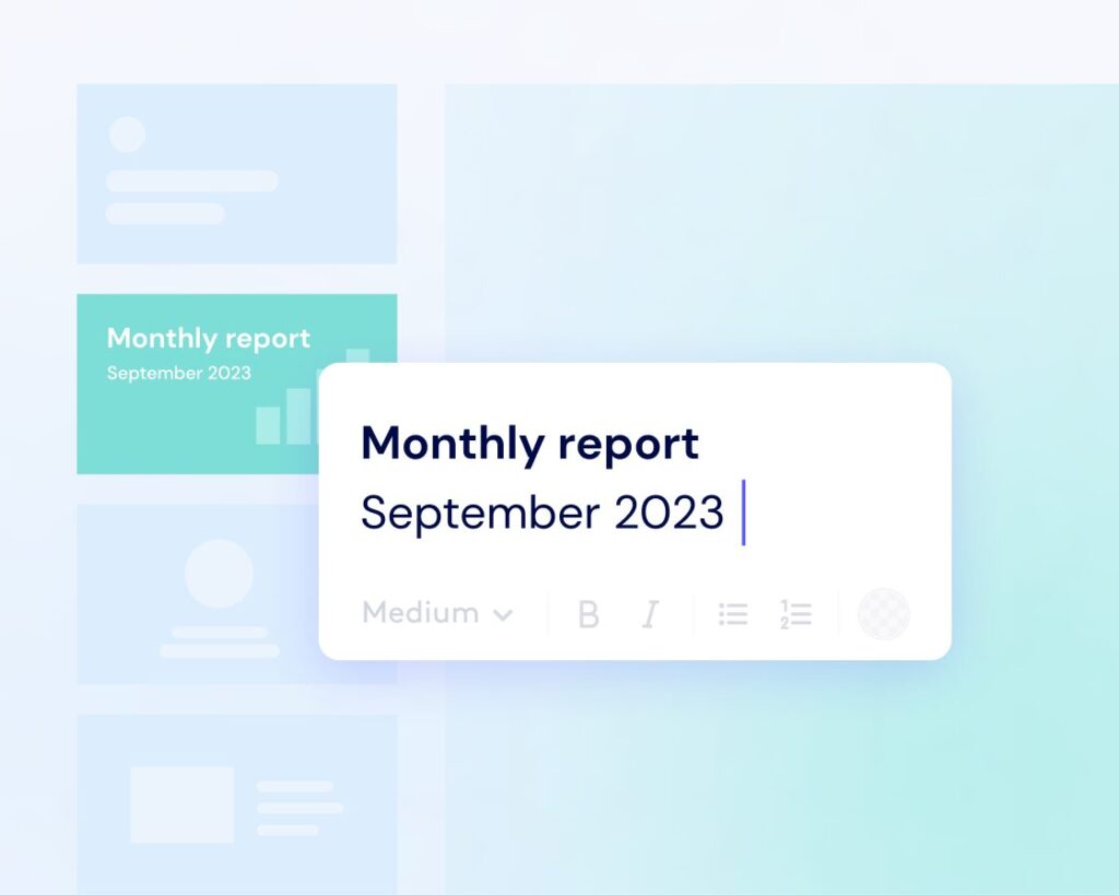 Digital screen displaying a document editing interface with a monthly report for September 2023, featuring text formatting tools.