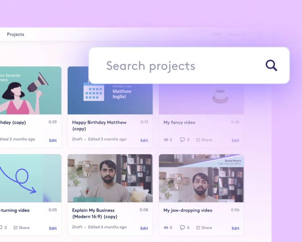 User interface of a digital content management system showing project search functionality and thumbnail previews of videos and documents.