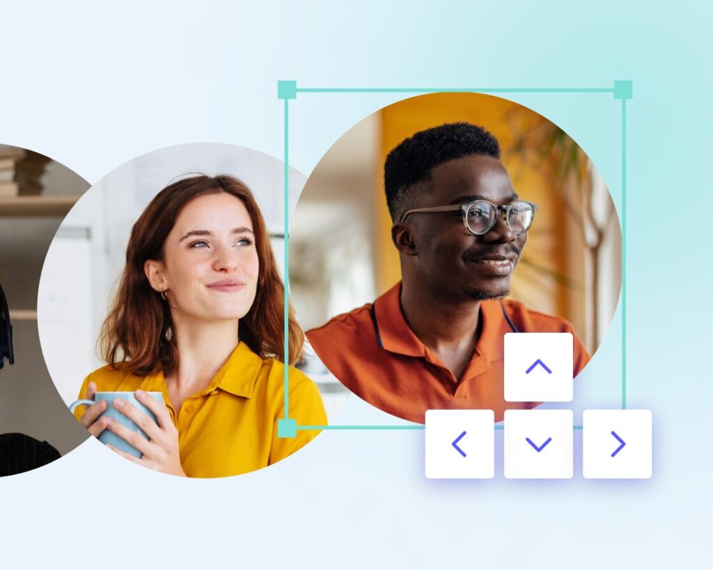 Two people in separate circles connected by arrows, a woman smiling to her left and a man looking right, suggesting communication or workflow.