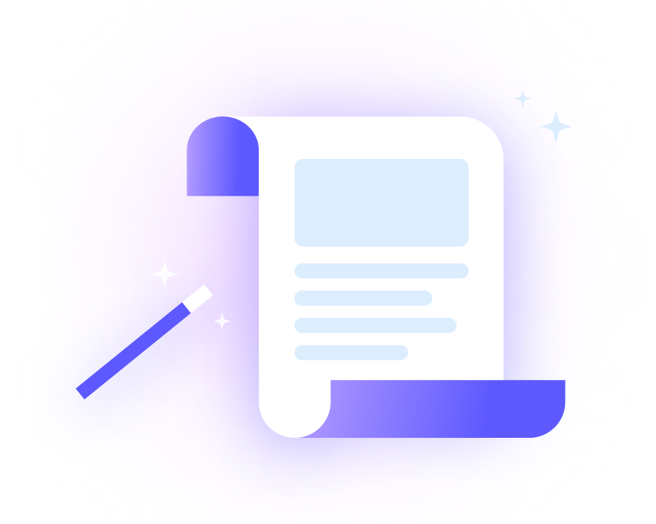A stylized illustration of a scroll with text, accompanied by a magic wand and sparkles, set on a gradient background, conjuring an enchanting vibe akin to AI Video Generators casting their digital spells.