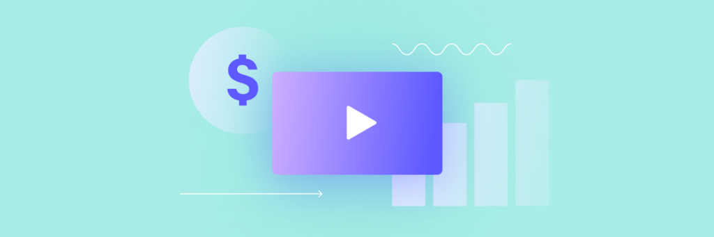A play button on a purple rectangle is centered, with a dollar sign on the left and bar chart on the right, all on a light blue background.