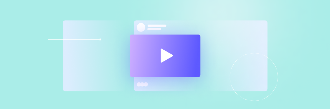 A stylized illustration of a video play icon on a gradient blue and white background, with faint outlines of social media elements surrounding it.