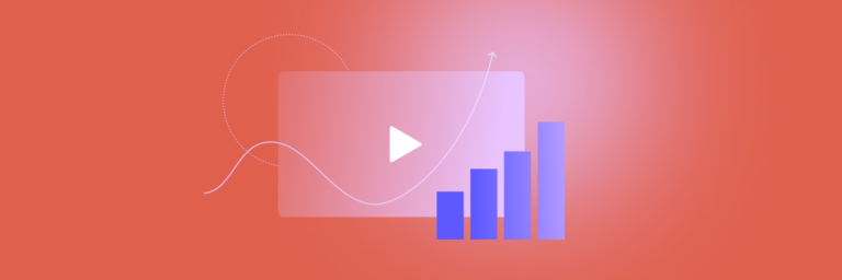 A red background with a video play button and a rising bar graph, indicating growth or progress. An arrowed line curves towards the graph.