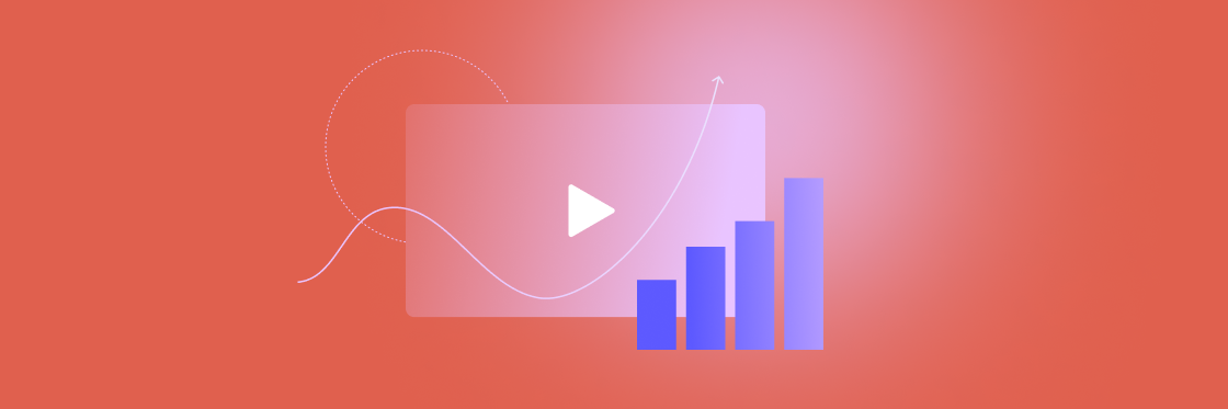 Measuring ROI on Video Marketing Efforts A red background with a video play button and a rising bar graph, indicating growth or progress. An arrowed line curves towards the graph.