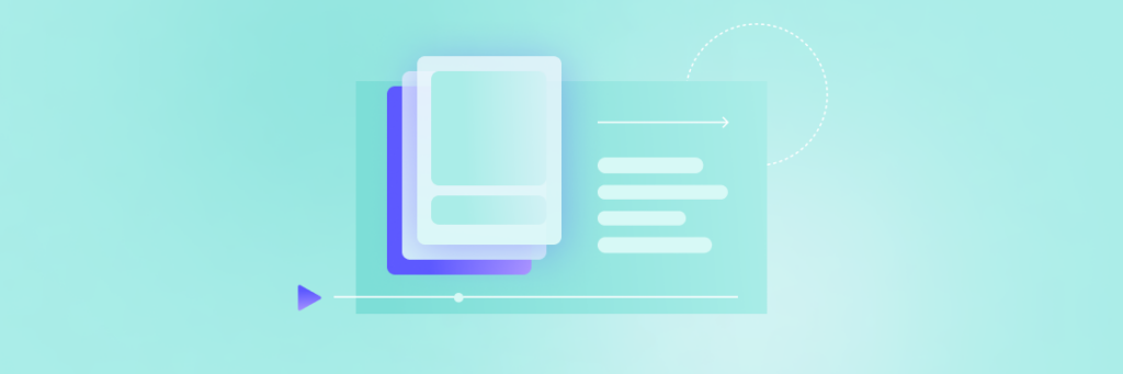 Abstract blue and purple digital graphic showing overlapping rectangles, lines, and circles on a light teal background.