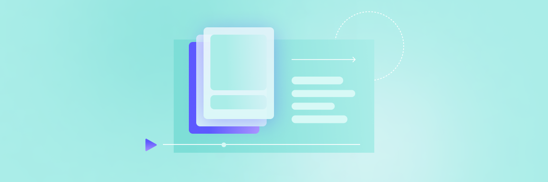 Abstract blue and purple digital graphic showing overlapping rectangles, lines, and circles on a light teal background.