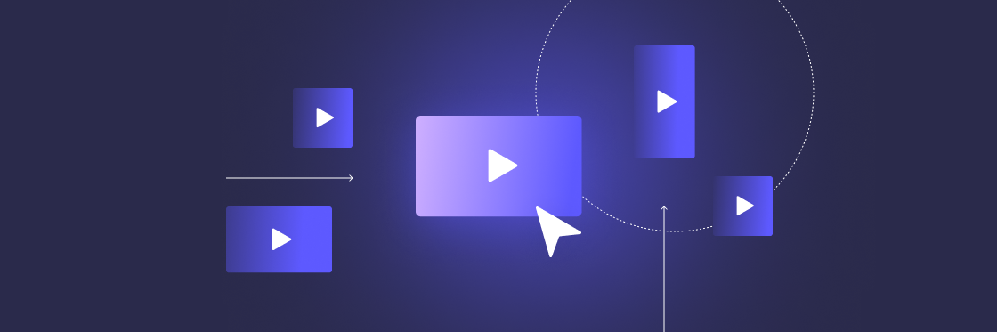 Repurpose Video Content Effectively Digital illustration of play buttons and arrows on a blue background, with a cursor pointing at the center button.