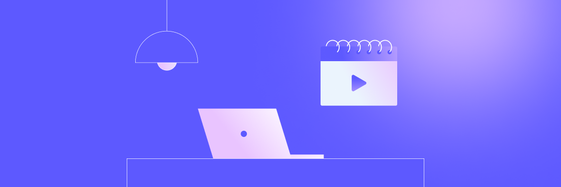 Illustration of a laptop on a desk under a hanging lamp, with a calendar displaying a play button, set against a gradient blue and purple background.