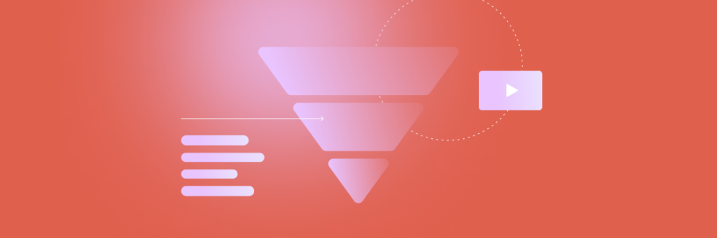 An orange background with a white funnel diagram pointing downwards, bars on the left, and a play icon on the right.