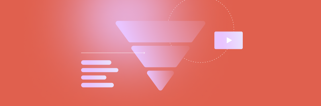 An orange background with a white funnel diagram pointing downwards, bars on the left, and a play icon on the right.