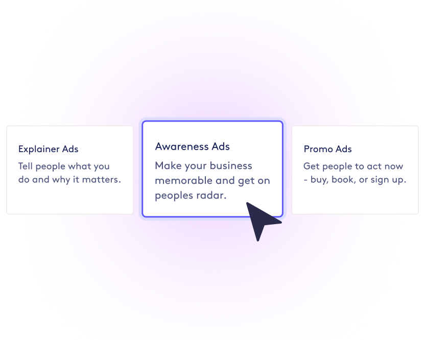 Three boxes describe ad types: Explainer Ads, Awareness Ads (highlighted and selected by a cursor), and Promo Ads, each with a brief summary of their purpose.