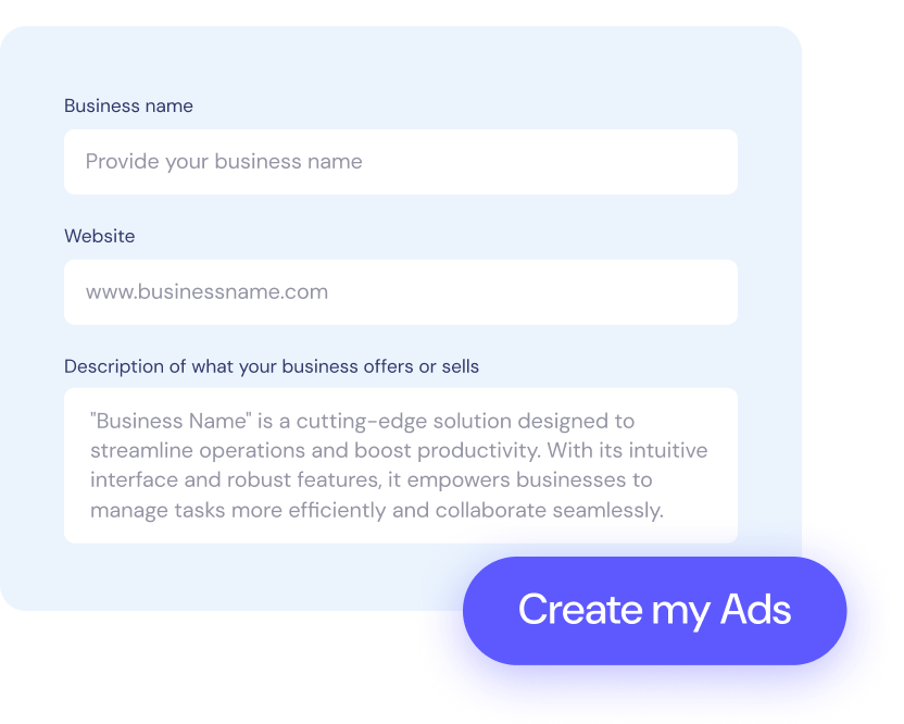 A form with fields for business name, website, and business description, and a prominent "Create my Ads" button at the bottom right.