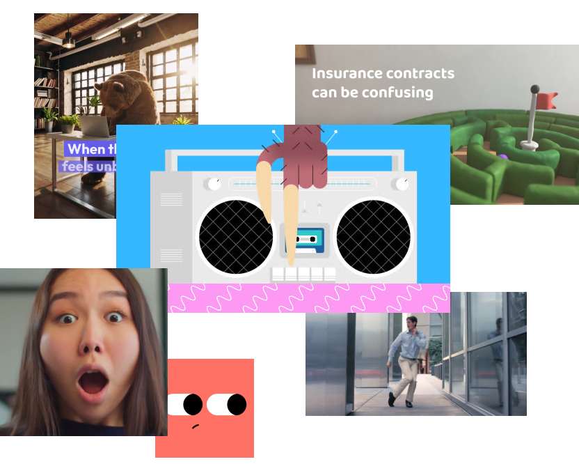 A collage of images: a teddy bear on a couch, insurance text, a maze, a shocked woman, a cartoon face, a man running, and a hand inserting a cassette into a boombox.