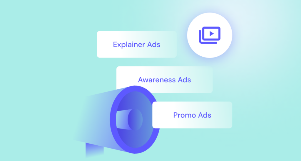 A graphic of a blue megaphone with three labeled blocks—Explainer Ads, Awareness Ads, and Promo Ads—and a video icon on a light blue background.