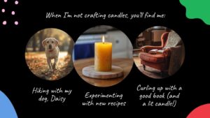 A collage showing a dog on a path, a lit candle on a wooden board, and a cozy armchair, with captions about hiking, experimenting with recipes, and reading.