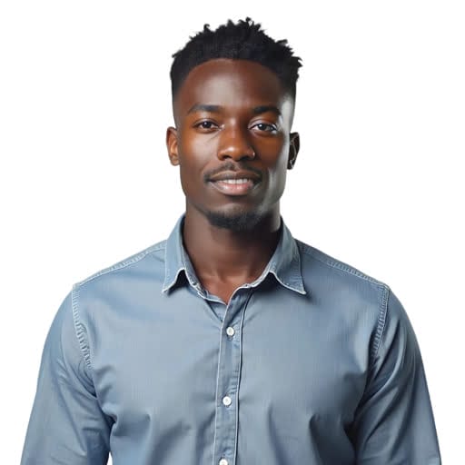 A man with short black hair and a trimmed beard wearing a light blue button-up shirt, standing against a white background.
