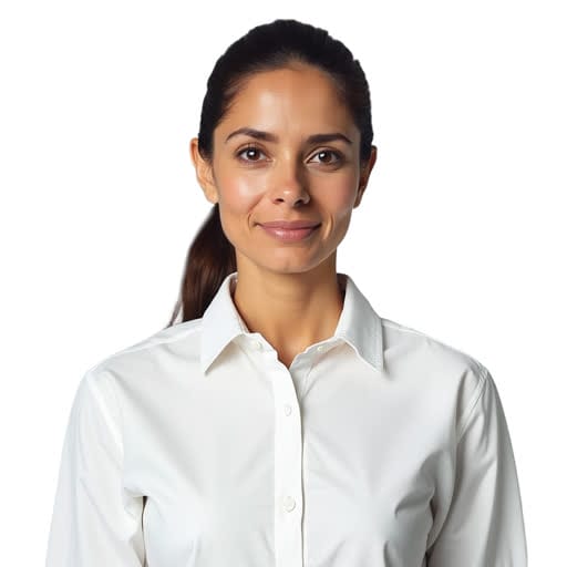 A woman with dark hair tied back, wearing a white button-up shirt, stands facing the camera against a plain white background.