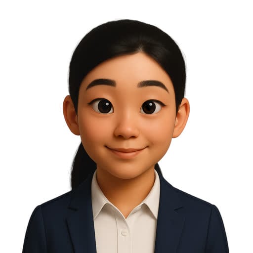 An animated character with long black hair, wearing a navy blazer and white shirt, smiling at the camera against a plain white background.
