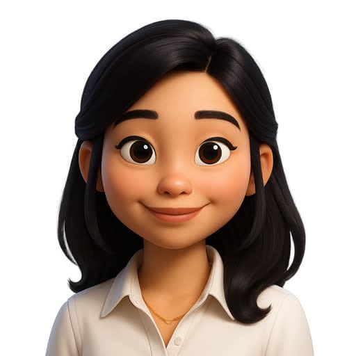 3D animated woman with shoulder-length black hair, big brown eyes, and a slight smile, wearing a white collared shirt, posed against a plain white background.