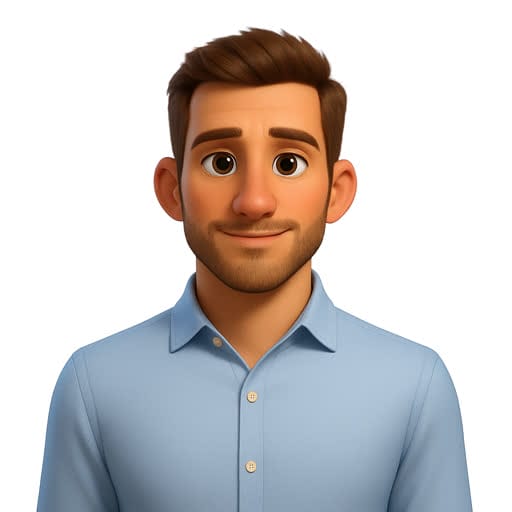 Animated illustration of a young man with brown hair and beard, wearing a light blue collared shirt, smiling and facing forward.