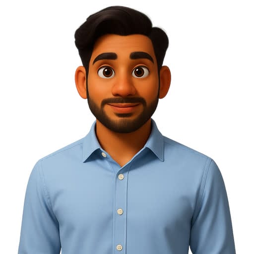 Animated illustration of a man with dark hair and beard, wearing a light blue collared shirt, smiling and facing forward against a plain background.