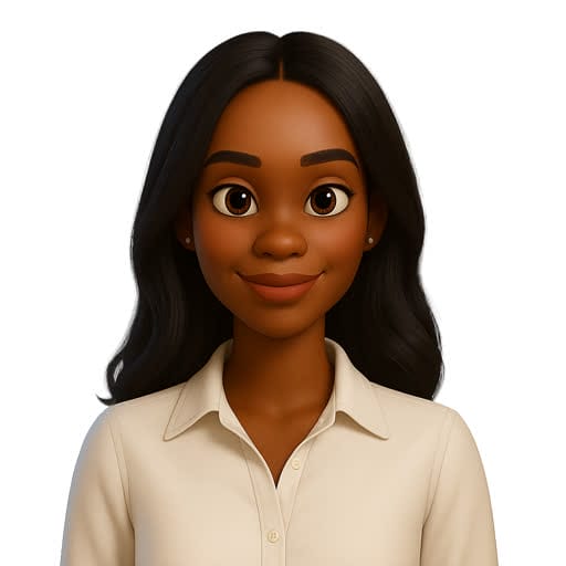 A digital illustration of a woman with long dark hair, wearing a white collared shirt, smiling and facing forward.