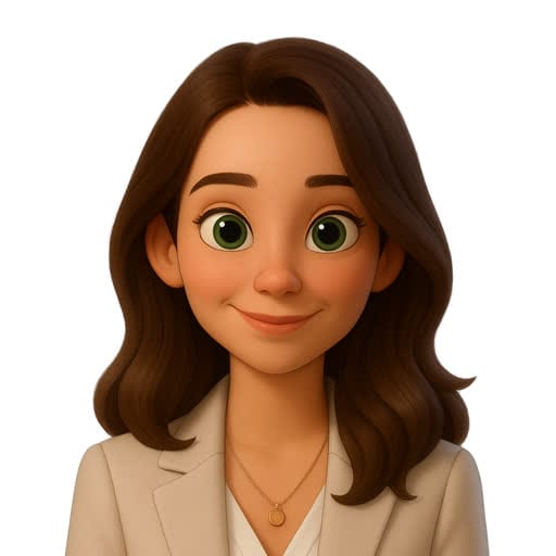 Animated portrait of a young woman with long brown hair, green eyes, and a pleasant smile, wearing a beige blazer over a white top.