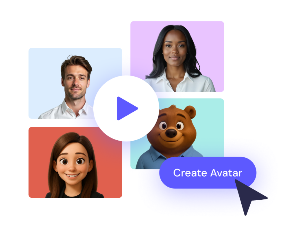 Four profile images—two people, one animated woman, and one cartoon bear—appear alongside a "Create AI Avatar" button with a pointer and a central play button icon.