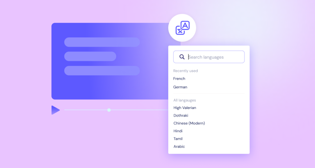 A digital interface shows a language selection menu with options including French, German, Hindi, Tamil, and others on a purple gradient background.