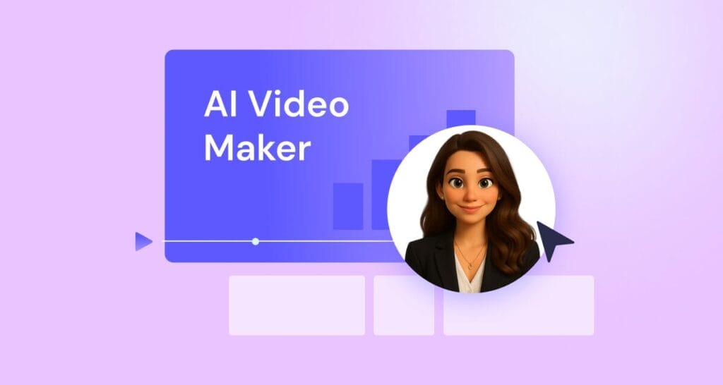 A digital graphic shows the words "AI Video Maker" on a purple screen, with an illustrated woman’s face in a circular frame in the foreground, highlighting advanced features like an ai ad generator.