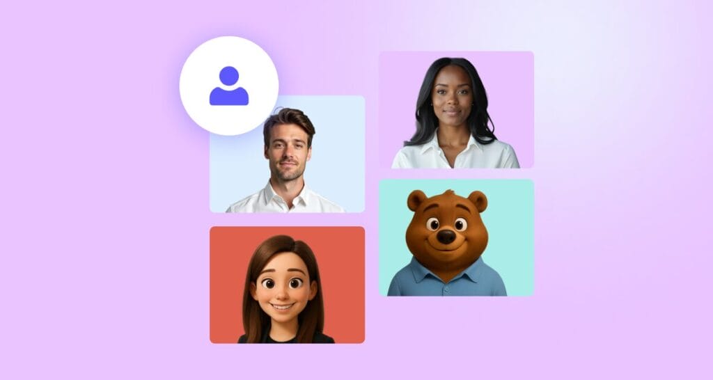 A collage of three human headshots and one cartoon bear, each in a separate square, on a light purple background with a user icon above them, highlights unique ai avatars.