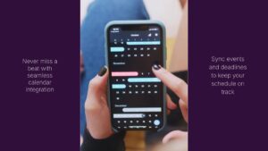 A person holds a smartphone displaying a calendar app with upcoming events highlighted; text promotes seamless calendar integration and event syncing.