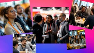 A collage of people attending a professional conference, listening, conversing, and sitting at tables in a brightly lit venue.