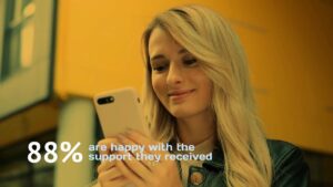 A woman looks at her smartphone and smiles. Text on the image reads, "88% are happy with the support they received.