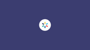 Centered circular logo with four colored shapes on a solid dark blue background.