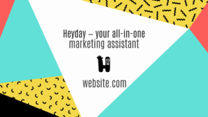 Triangle-shaped graphic promoting “Heyday—your all-in-one marketing assistant” with website.com, featuring abstract yellow and blue patterns in the background.