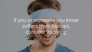 A person with shoulder-length hair wearing a blue headband and tank top smiles widely; text over image reads, "If you or someone you know suffers from hiccups, consider applying.