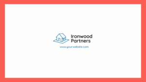 Logo for Ironwood Partners featuring a simple house icon, the company name, and a website URL (www.yourwebsite.com) on a white background with a red border.