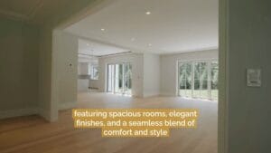 A modern, empty open-plan living space with large windows, light wood floors, and white walls, connected to a kitchen area and overlooking a green outdoor area.