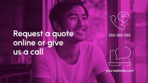 A smiling person sits by a window with text promoting quote requests online or by phone, displaying a phone number, website, and contact icons. The image has a purple overlay.