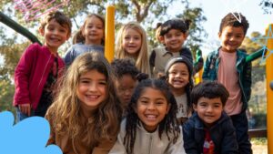 A group of eleven children pose and smile together at a playground outdoors on a sunny day.