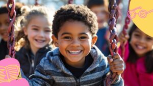 A group of children smiling and playing on swings outdoors, with doodle graphics of a book and glasses in the corners.